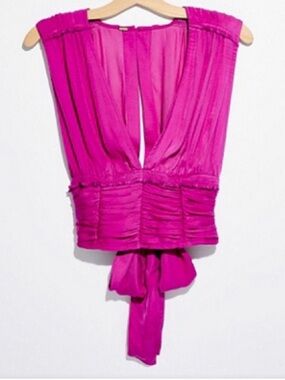 Free People Fuchsia Sleeveless V-Neck Blouse with Tie Back